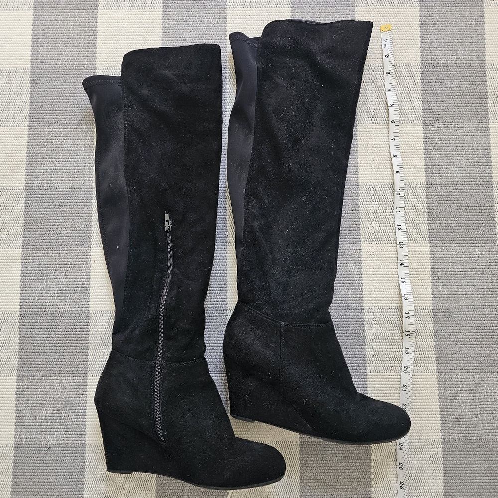Size 9 Faux Suede Black Wedge Knee-High Boots